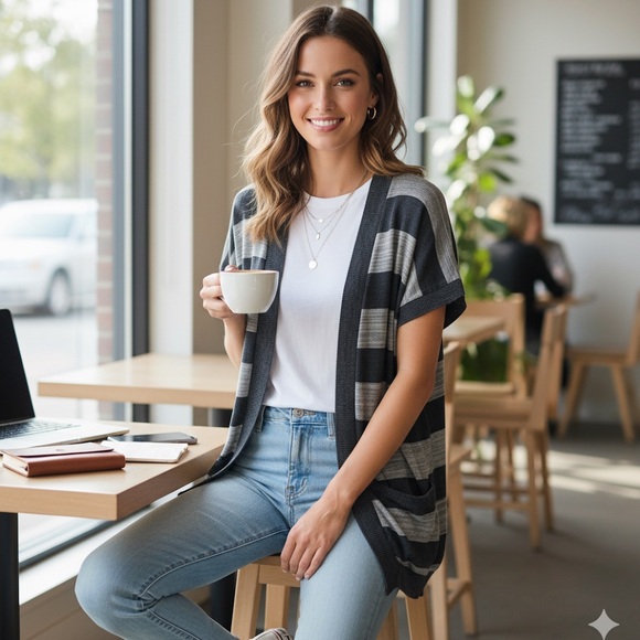 Black and Gray Striped Cardigan - Picture 1 of 8